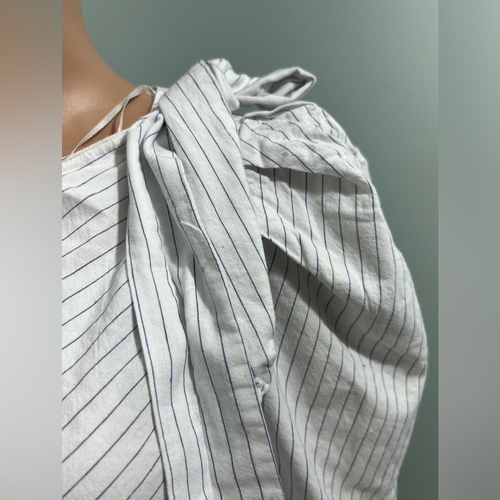 Zara Striped White Blue  Balloon Puff Long Sleeve Casual Top Blouse Size L - Picture 2 of 11